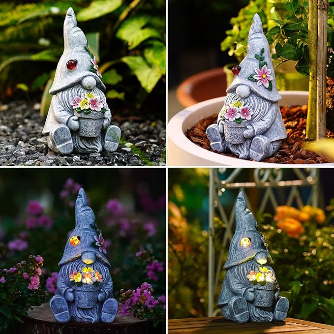 Goodeco Sitting Gnome Holding Flower Statue - Solar Garden Gnomes Decor for Outside with LED Lights, for Women or Moms, Housewarming Gnome Decorations