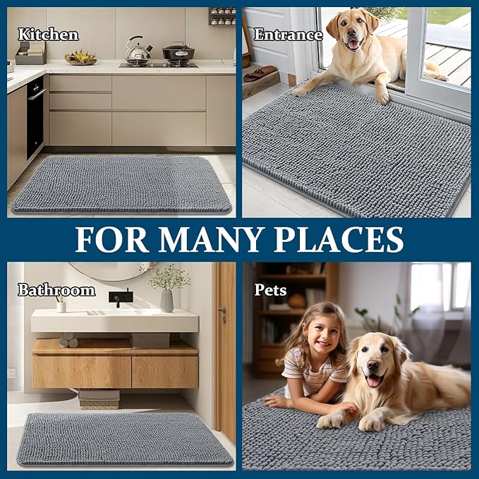 OLANLY Dog Door Mat Set 4-Piece 36x24, Absorbs Moisture and Dirt, Absorbent Non-Slip Washable Doormat, Quick Dry Chenille Mud Mat for Dogs, Entry Indoor Entryway Carpet for Inside Floor, Grey