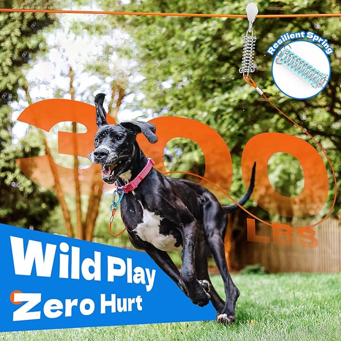 50ft Dog Runner for Yard Large Dog Heavy Duty with Double Shock Absorbers Tangle-Free Aerial Trolley System for Large Dogs Up to 250lbs(Orange)