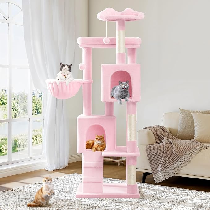 Allewie 64 Inches Cat Tree Tower/Multi-Level Activity Center for Indoor Big Felines/2 Plush Condos/2 Perchs/Basket/House/Sisal Scratching Posts/Hanging Cat Toys/Pink
