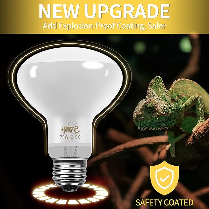 LUCKY HERP New Upgrade 75W Reptile Heat Lamp Bulb (3rd Gen, Safer), Amphibian Basking Spot Light Bulb, UVA Reptile Daylight Bulb for Turtle, Bearded Dragon, Lizard Heating Use (2 Pack)