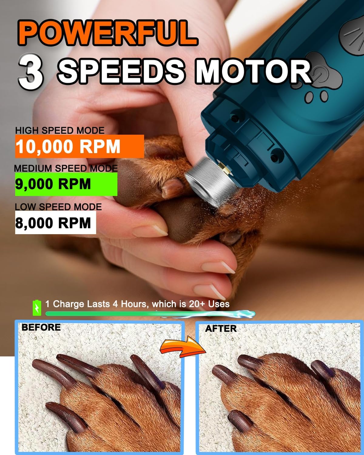 Dog Nail Trimmers and Dog Nail Clippers Kit, Whisper Quiet Electric Grinder with Light, for Small, Medium, Large Dogs, Cats Toenail Grooming, 3 Speeds