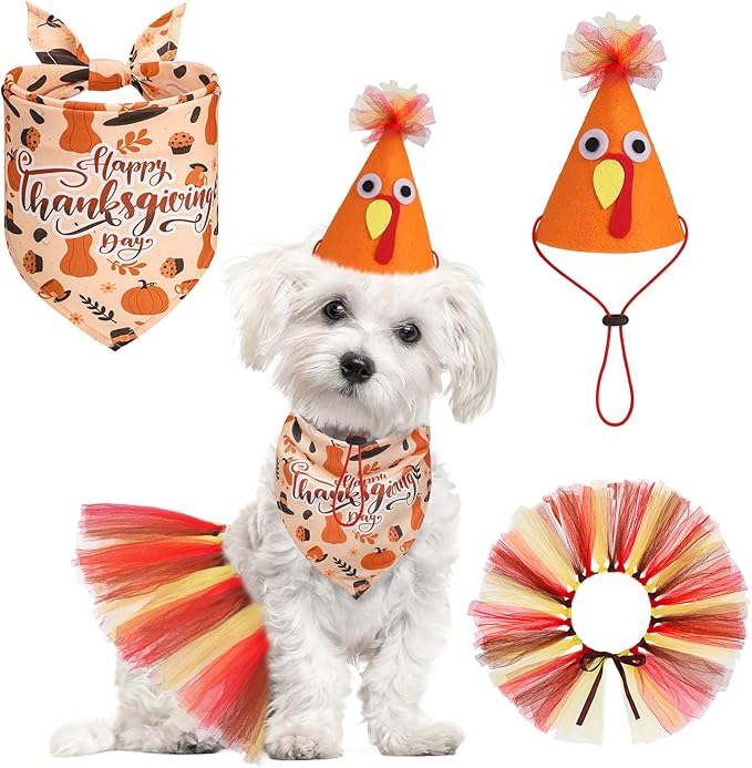 SCENEREAL Thanksgiving Dog Bandana Dress with Hat Set, Pet Turkey Costume for Small Medium Sized Dogs, Cute Tutu Skirt Outfit for Party Halloween