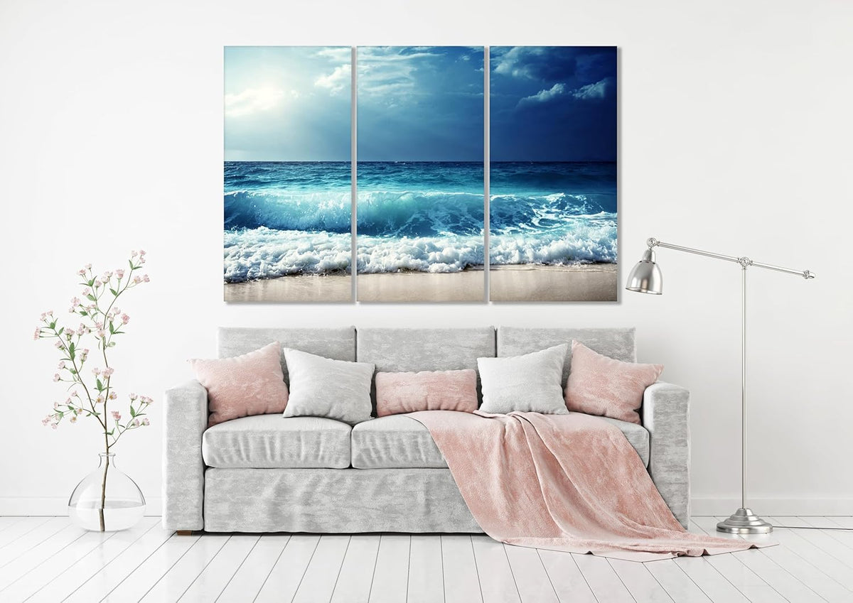 Nature Wall Art Prints - Ocean Forest Mountain Lake Canvas Landscapes - Small to Extra Large Living Room Bedroom Kitchen Bathroom Décor (Summer Ocean Beach, 39L" x 59W" - 3 Panels)