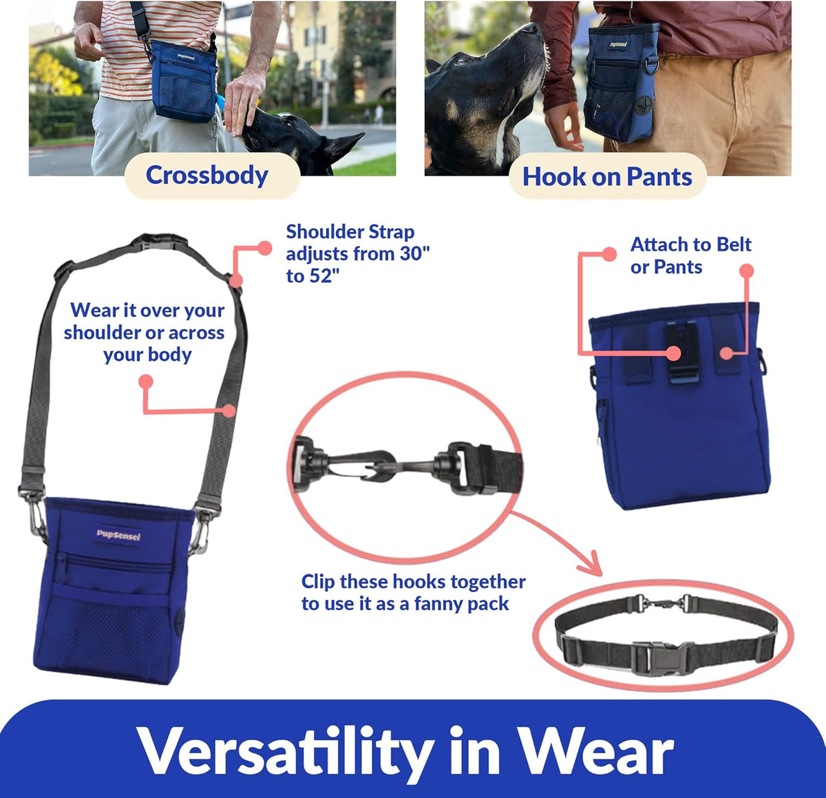 Dog Treat Pouch, Durable Oxford Polyester, No-Spill Magnetic Closure, Treat Pouches for Pet Training with Metal Clip, Waist Belt, Adjustable Strap, Poop Bag Dispenser (Navy Blue)