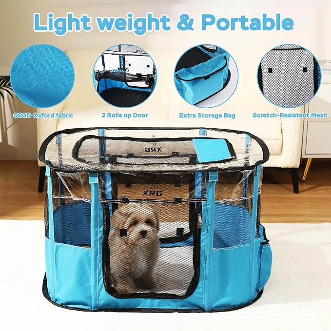 Portable Pet Playpen with Waterproof pad,Collapsible Crates Kennel Playpen for Dog cat and Rabbit &Travel playpen Outdoor or Indoor (Large（35.4" L x 27.6" W x 23.6" H）, Clear Blue)
