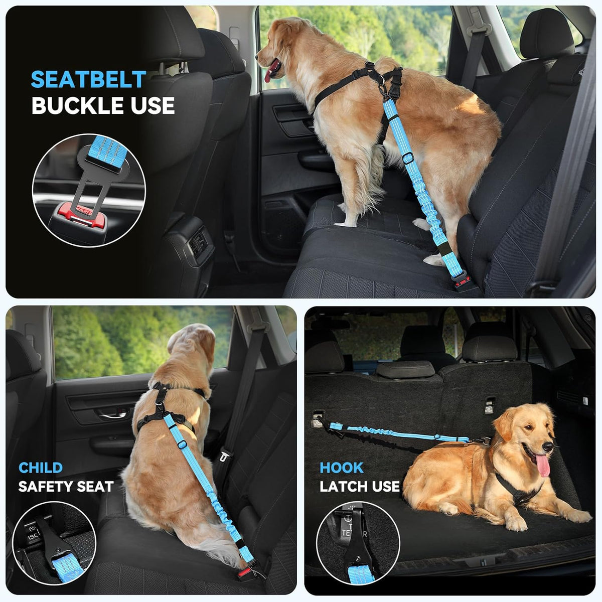 Pawaboo Dog Seatbelt for Car, 3-in-1 Dog Seat Belt Bungee, Shockproof Dogs Tether for Car with Buckle & Hook Latch, Adjustable Reflective Dogs Cars Harness Leash with 360° Lockable Buckle, Blue