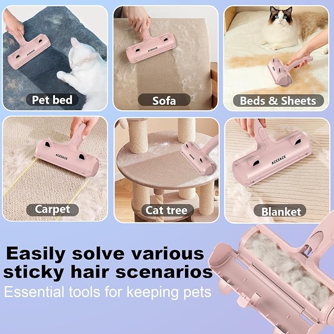 ACE2ACE Pet Hair Removal Tool, Lint Roller Brush for Cats and Dogs, Reusable Self Clean Pet Fur Remover, Pet Hair Remover for Laundry, Carpet, Furniture, Couch, Sofa and Bedding (Pink)