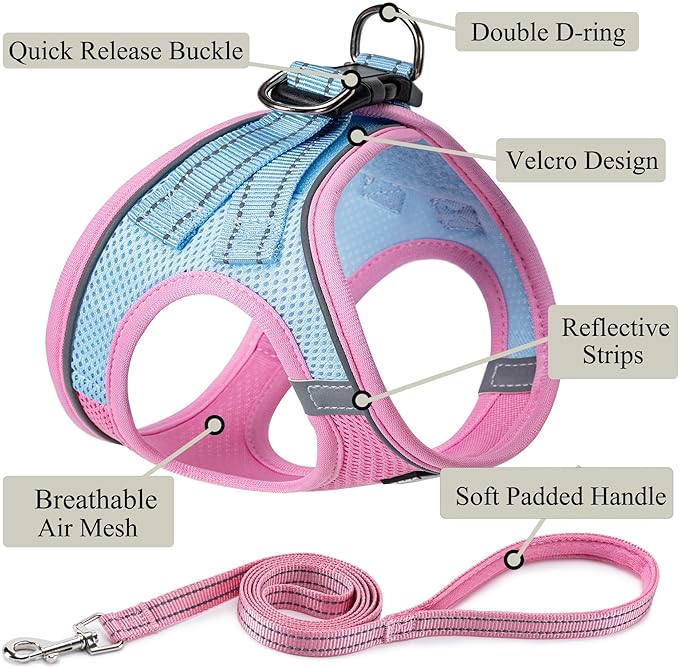 Dog Harness with Leash Set, No Pull Adjustable Reflective Step-in Puppy Pet Vest Harnesses for Small Medium Large Dogs and Cats,Pink Green L