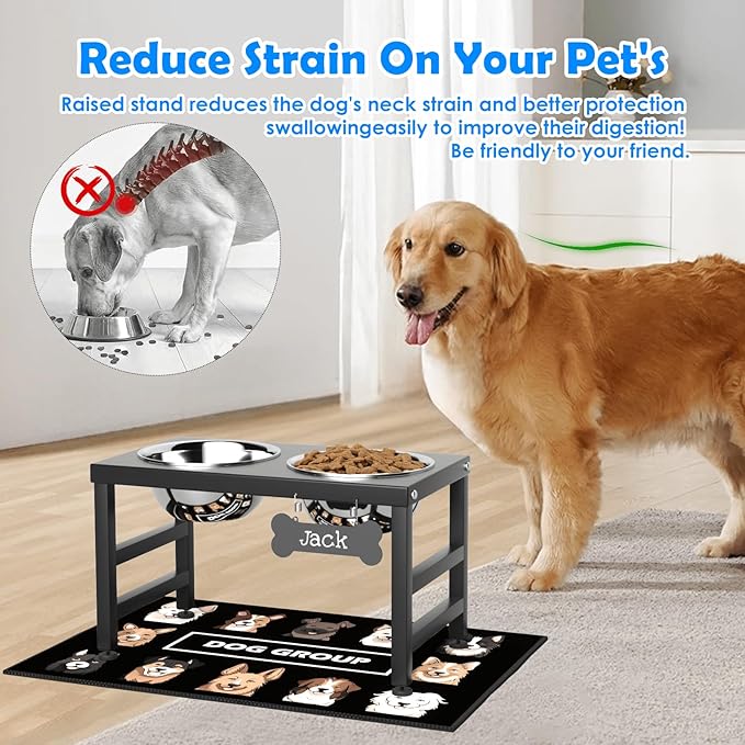 Elevated Dog Bowls, 10" Tall Height, Raised Bowl Stand with 2 Stainless Steel Food Feeder Bowls (58oz) and Spill-Proof Mat for Medium Large and Small Breeds