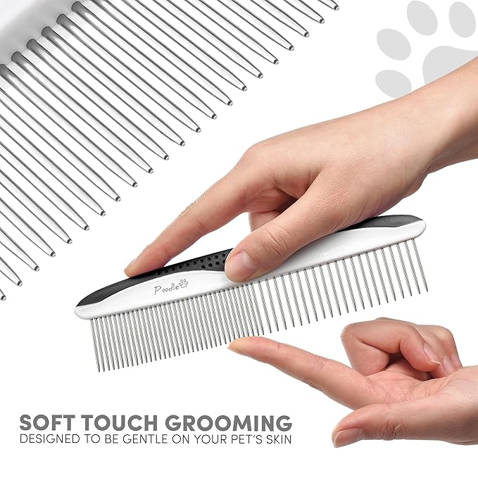 Poodle Pet Dog Combs for Grooming | 2 Pack | Stainless Steel Teeth Easily Remove Dirt | Proper Care Prevents Knots and Mats for Long and Short Haired Pets | Anti-Slip Comfort Grip Handle (Blue)