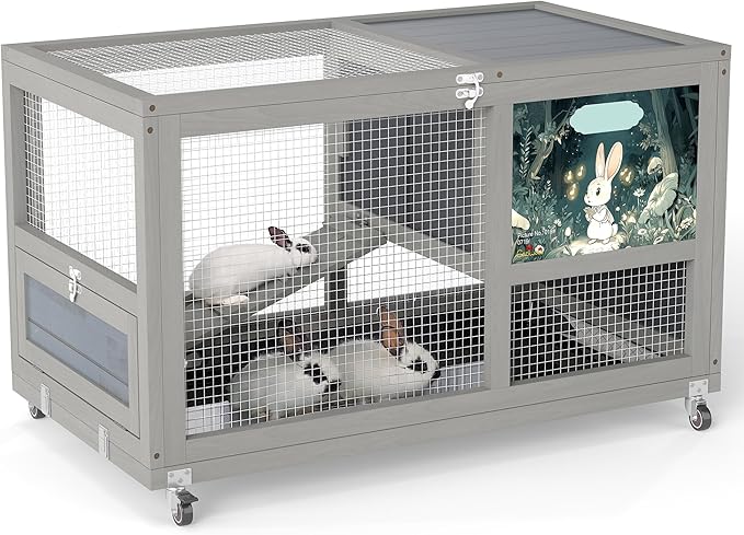 COZIWOW 36.5-Inch Double-Decker Wooden Rabbit Hutch with Wheels, Featuring A Cleaning Tray and Ladder—Stylish and Easy to Assemble（Grey and Pattern）