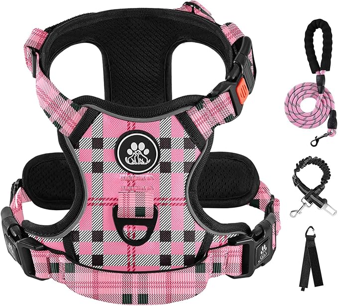 IVY&LANE No Pull Dog Harness with Leash Set, Reflective No Choke Pet Vest,Adjustable Oxford Dog Vest Harness with Easy Control Handle for Medium Lagre Dogs (Checkered Pink,M)