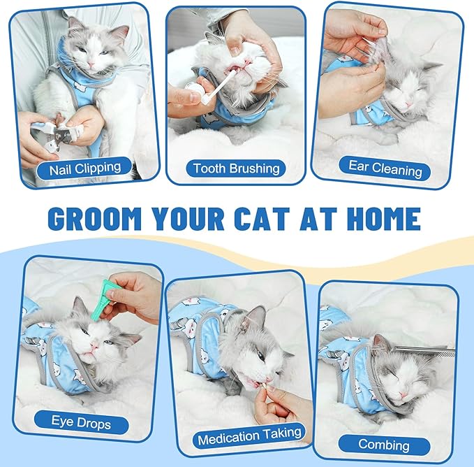 Supet Cat Grooming Hammock, Self-Adhesive Cat Nail Clipper Hammock, Soft Fabric Cat Wrap for Cutting Nails, Quickly Calm Down for Medicine, Teeth Brushing, Ear Cleaning