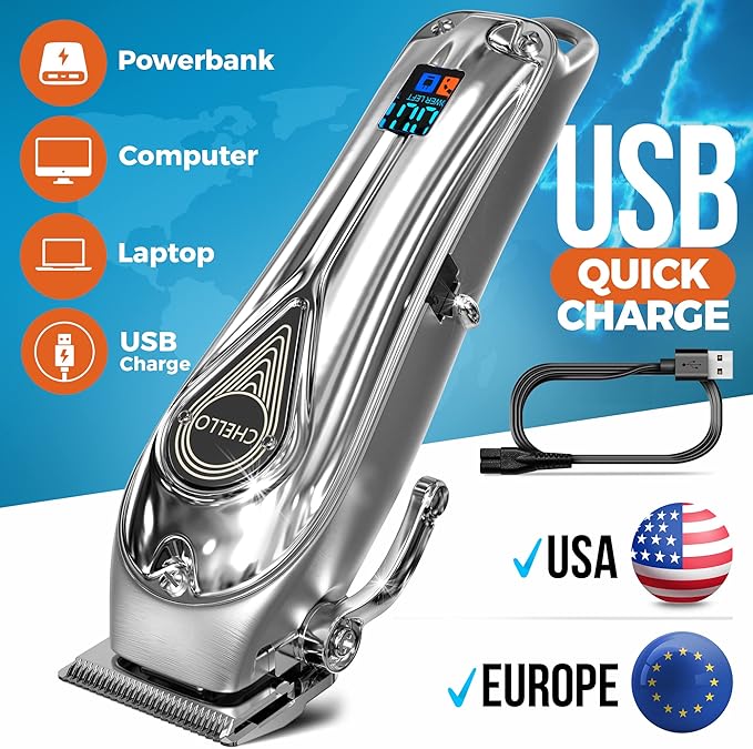 Full Metal Professional Dog Clippers for Grooming, Rechargeable, Low Noise Cordless, Pet Hair Clippers for Large Dogs, Heavy Duty Use with LED Display