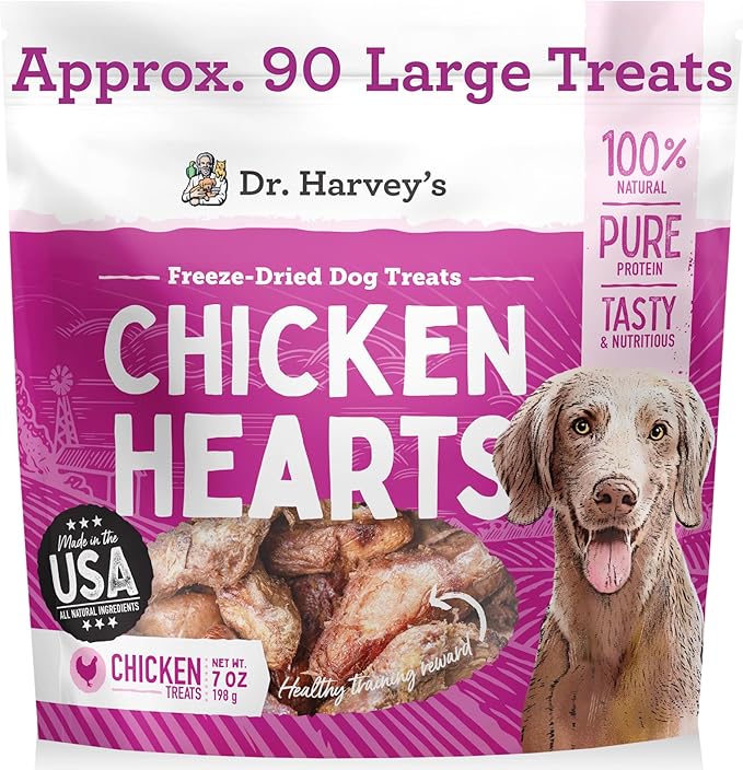Dr. Harvey's Freeze-Dried Chicken Hearts - Training Dog Treats, Single Ingredient, All-Natural USA Sourced Protein, Allergen-Free - 7 Ounces (Pack of 1)