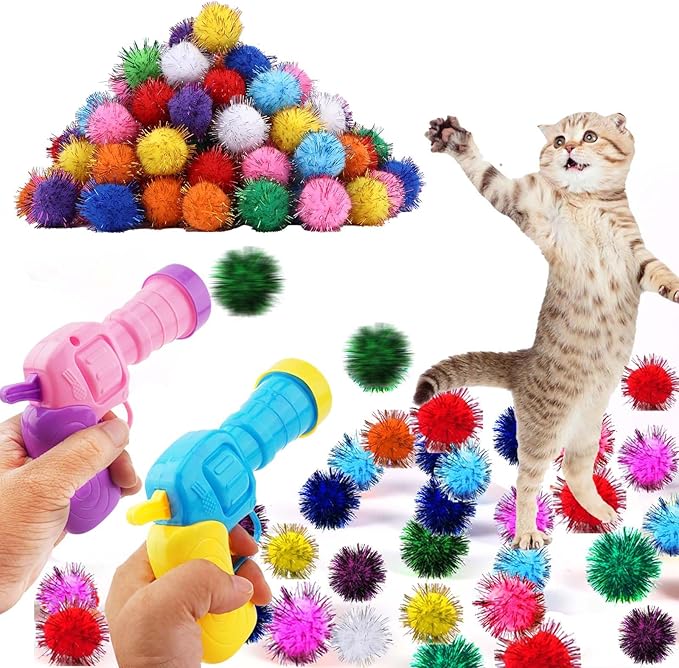 102Pcs Cat Toy Gun Launcher - 100 Sparkle Pom Pom Balls and 2 Ball Launchers, Interactive Fetch Toy Shooter for Indoor Cats and Kitty