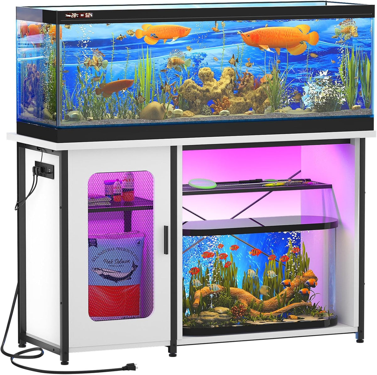 55-75 Gallon Fish Tank Stand with Power Outlets & LED Light, Reversible Heavy Duty Metal Aquarium Stand with Cabinet for Fish Tank Accessories Storage, Turtle/Reptile Terrariums, White