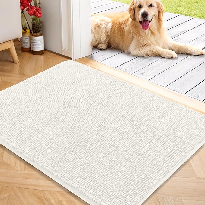 OLANLY Dog Door Mat for Muddy Paws 40x32, Absorbs Moisture and Dirt, Absorbent Non-Slip Washable Doormat, Quick Dry Chenille Mud Mat for Dogs, Entry Indoor Entryway Carpet for Inside Floor, Ivory