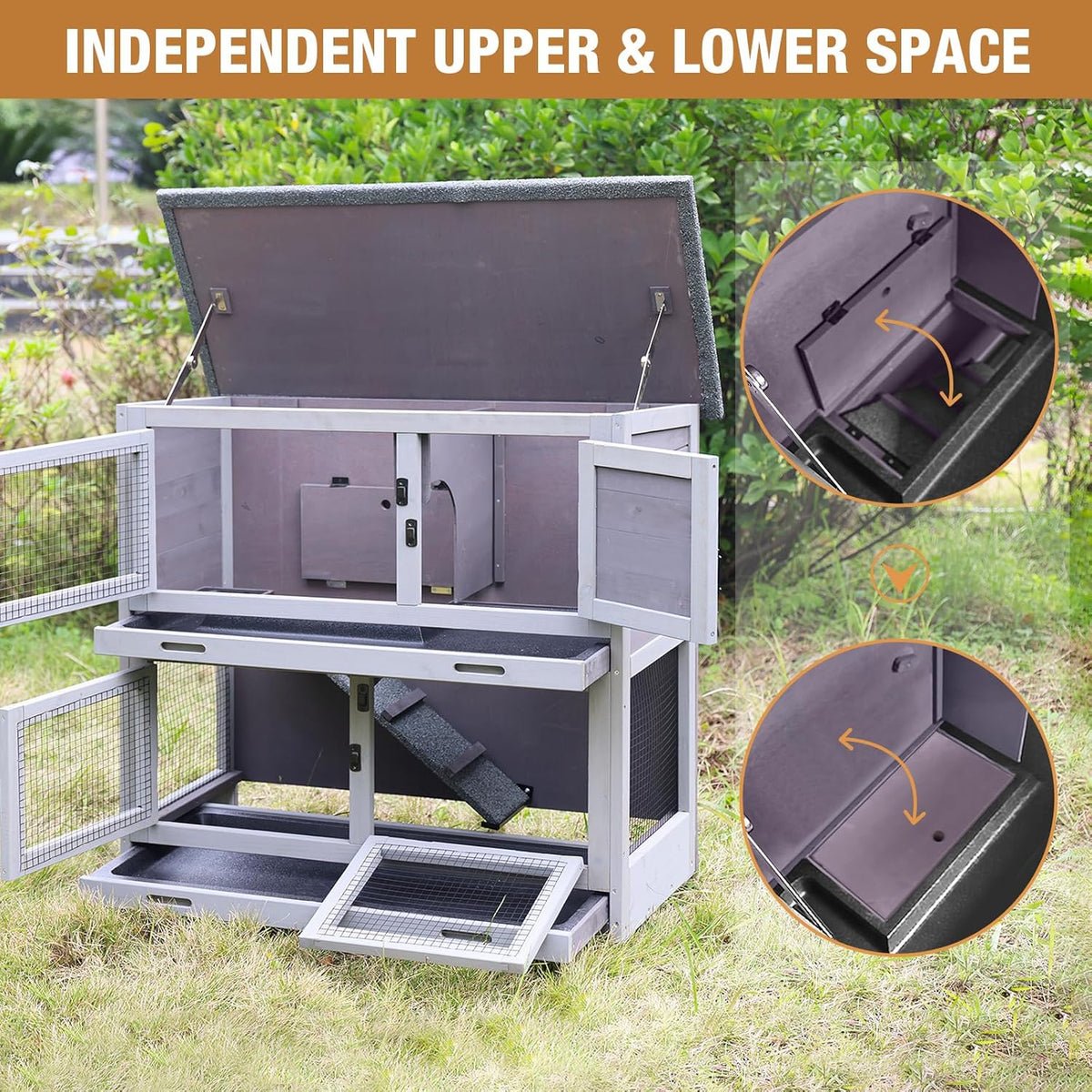 Rabbit Hutch Indoor Outdoor, Bunny Cage with Casters, Guinea Pig Cage Bunny Hutch with Two Plastic Trays 36inch