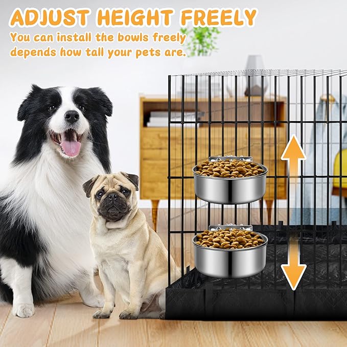 Stainless Steel Dog Bowls, ShineMe 40oz & 60oz No Spill Dog Crate Water and Food Bowls with Hanging Hook for Kennel, Cage and More, 7.0 x 3.7” & 6.2 x 2.5” Feeder Dish for Large and Medium Dogs
