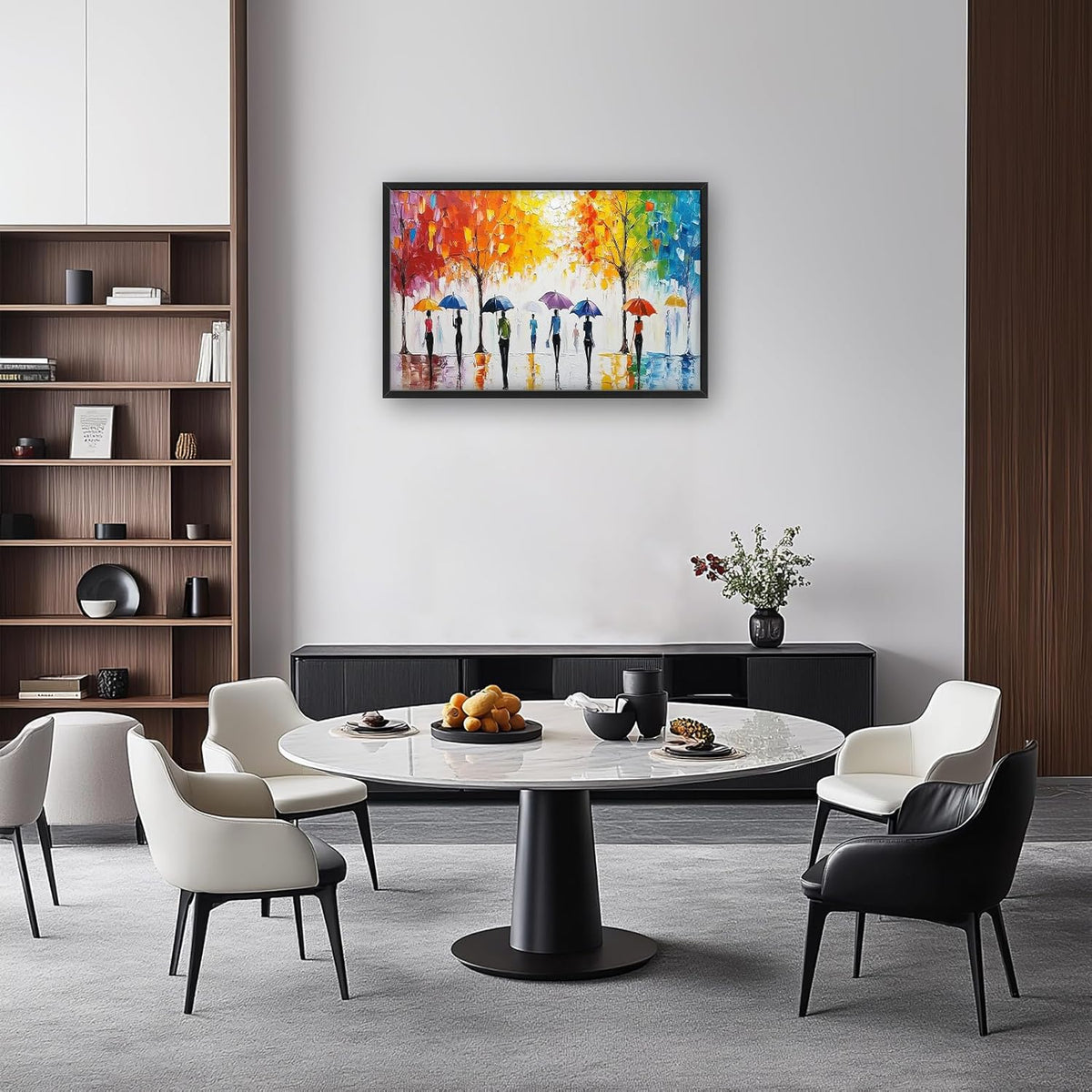 Large Abstract Tree Wall Art for Living Room, Framed Oversized People with Colorful Umbrella Wall Decor Street Canvas Painting Modern Artwork for Living Room Bedroom Office Dining Room 36"x24"
