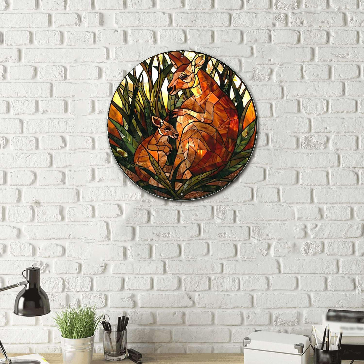 Lygond Metal Sign Tin Sign Circular Stained Glass Kangaroo Funny Bathroom Decor For Club 8×8 Inches