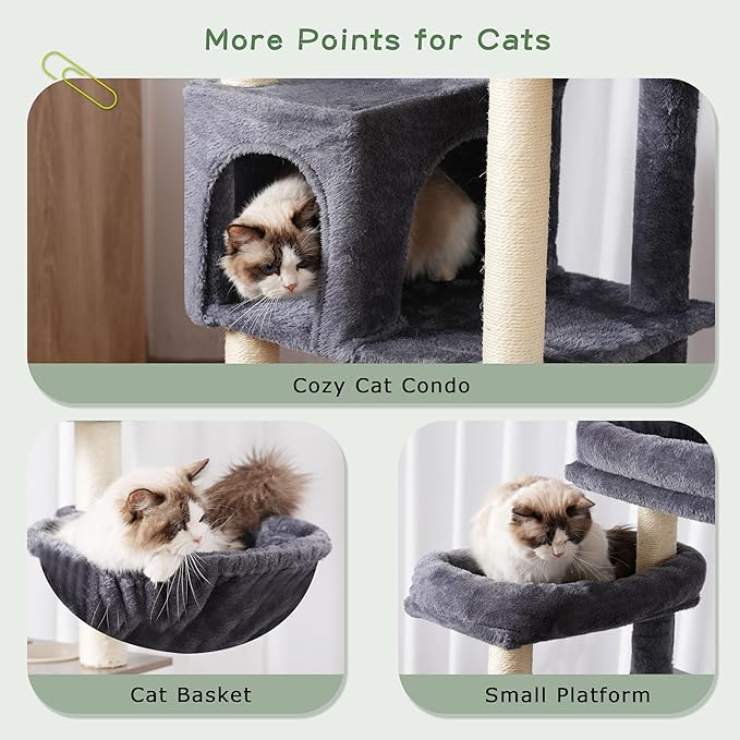 Cat Tree with Tunnel, Cat Tower for Indoor Cats, Tall Cat Tree Tower with Cat Condo, Food Station, Large Platform, Scratching Posts, Hammock, Smoky Gray GCT021G