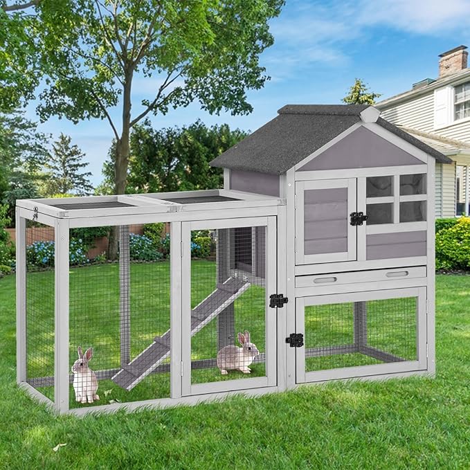 GUTINNEEN Large Rabbit Hutch Outdoor 2-Level Wooden Chicken Coop Indoor Weatherproof Bunny Cage Guinea Pig House with Waterproof Roof, Leak-Proof Pull Out Tray, Lockable Door for Small Animals (Grey)