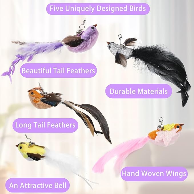 Soarer 3-in-1 Flying Bird Cat Toys - 7Pcs Wooden Cats Wand Toy Fishing Pole Cat Bird Toys Replacements,Interactive Enhanced Suction Cup and Door Hanging Cat String Toys for Indoor Kitten