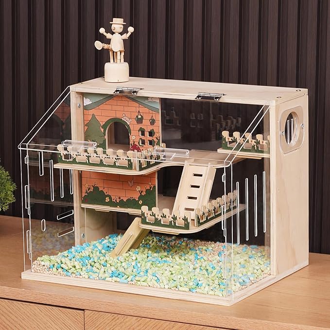 Wooden Hamster Cage, 15.8" 3-Layer Acrylic Dwarf Hamster Cages,Top Open Small Animal Cages with Stairs, Fences, Pastoral Style Mouse Cage for Pet Mice, Hedgehog