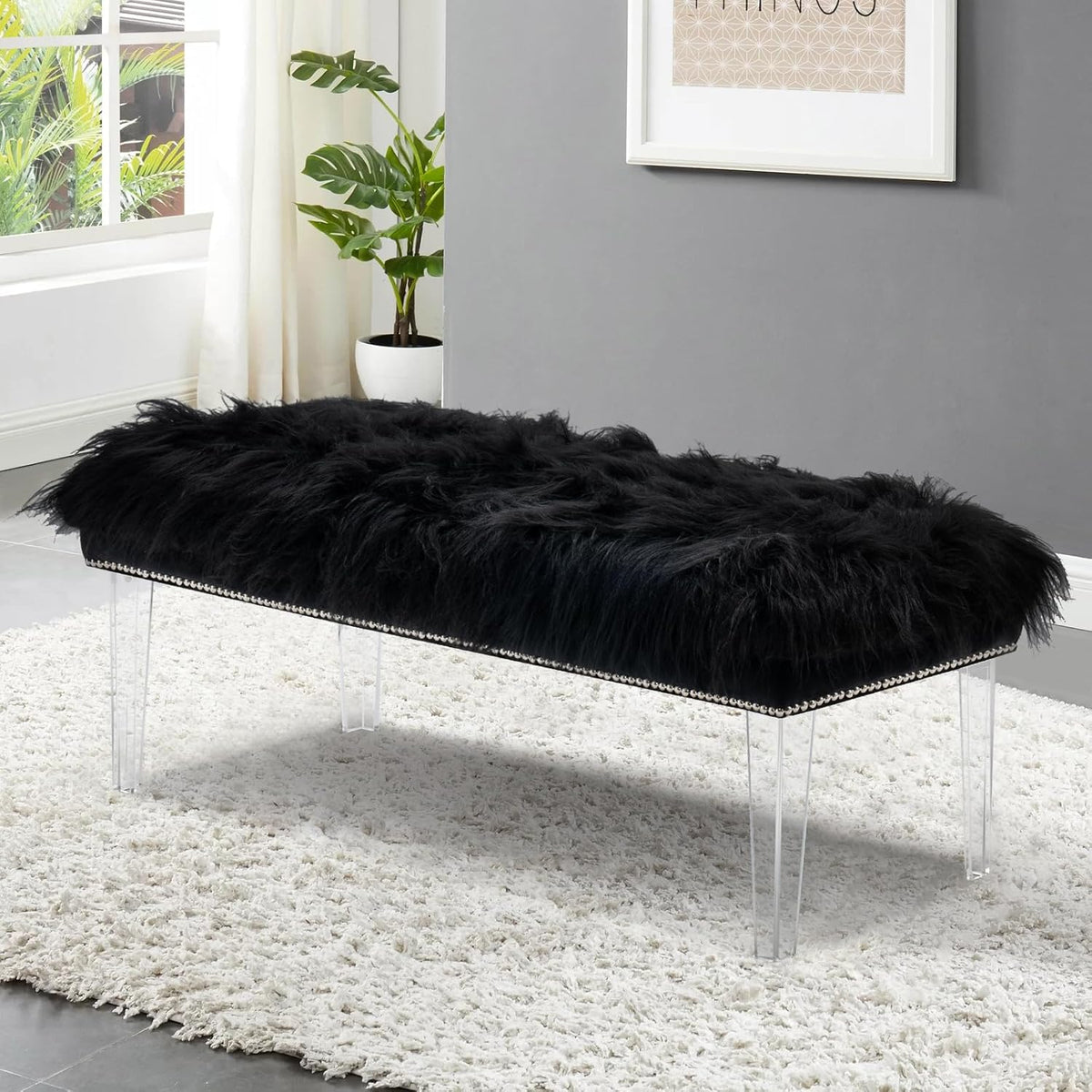 46 Inch Black Bedroom Bench, Benches for Bedroom White Faux Fur Upholstered Bed end Bench, Tufting Bench Indoor Bench with Acrylic Legs for Living Room Bedroom Dining Room Entryway, Black