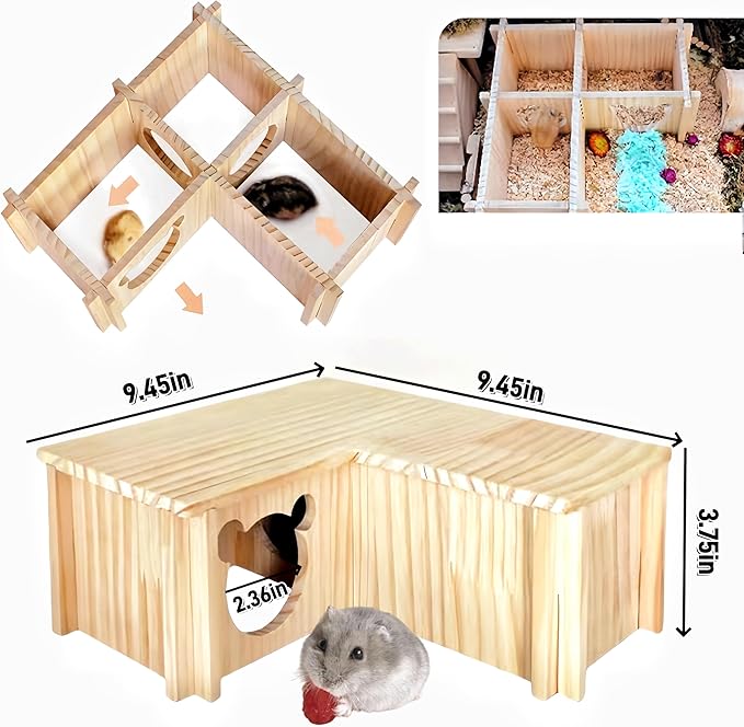 Natural Wooden Hamster House Hideout Multi-Chamber Hamster Maze Tunnel Detachable Small Pet House Habitats Exploring Toys for Dwarf Hamster, Hedgehog, Rats, Gerbils, Mice, Guinea Pigs