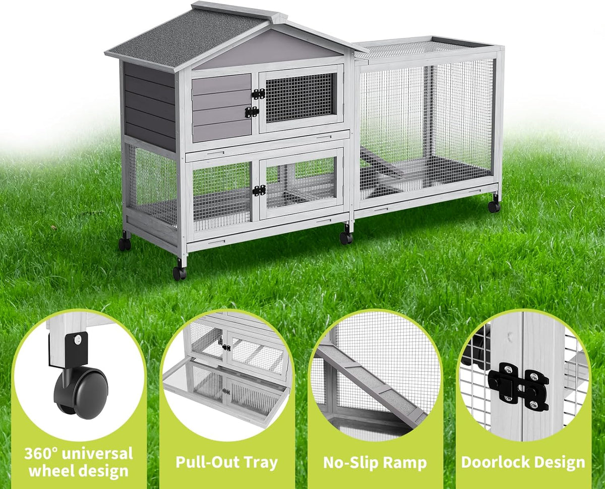 2-Tier Rabbit & Chicken House Mobile,Wooden Chicken Coop & Bunny Cage with Non-Slip Ramp, 4 Doors,Waterproof Roof & Pull-Out Tray,Outdoor/Indoor Pet Cage Movable