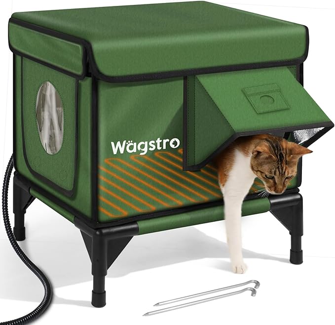 Heated Cat House for Outside, Insulated Weatherproof Heated Outdoor Cat House with Waterproof Eaves & Escape Door, Elevated Outdoor Cat Shelter for Feral Stray Cat (Green, 16.5"x13"x16.9")