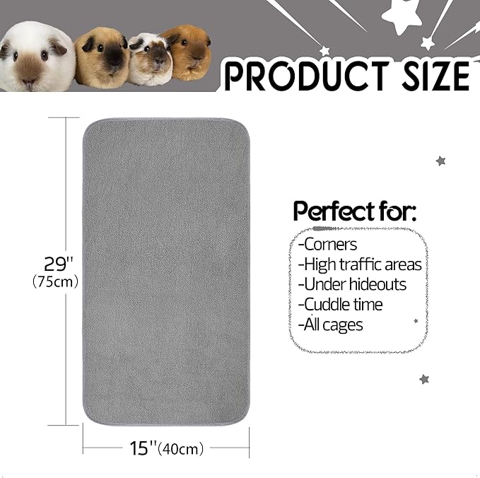 Guinea Pig Cage Liner, 4 Pack - Washable, Reusable, Leakproof Fleece Bedding Pads for Small Animals with Anti-Slip Bottom - for 15''X29'' Area, Gray