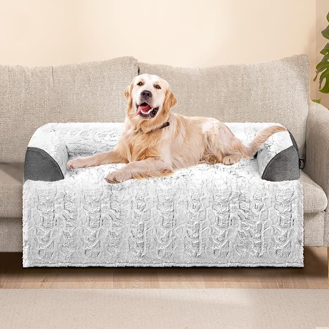 Calming Large Dog Bed for Couch – 41"x37" Washable Non-Slip Plush Sofa Protector for Dogs, Removable Cover, Soft Furniture Mat in Grey