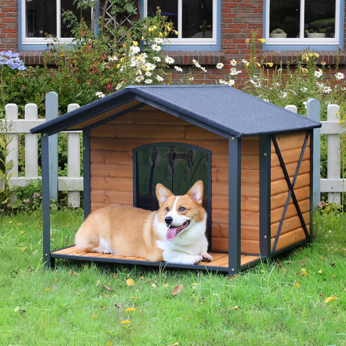 Dog House Outdoor & Indoor Unique All-Around Iron Frame Dog Kennel for Winter with Raised Feet for Small & Medium & Large Dogs,Weatherproof Roof (41.6 “L×41.4”W×34.1“H)