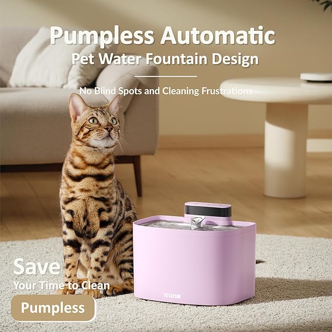 PET LAYSON Pumpless Cat Water Fountain, Smart Cordless Fountains Battery Operated, 3.6L/122oz with Maglev Valve Technology Rechargeable Water Dispenser for Cat &Dog 2 Filters,2 Nozzles(White, M1)