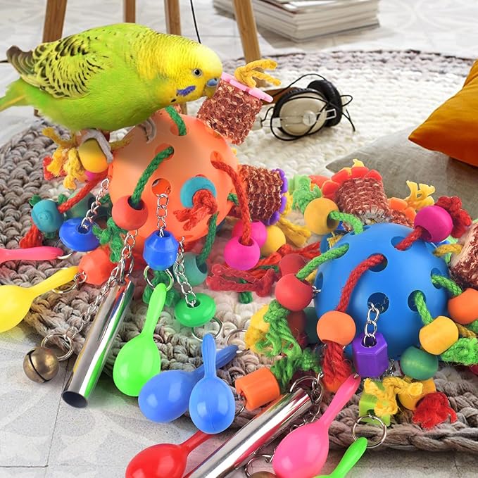 KATUMO Bird Toys, 2PCS Parakeet Foraging Shredder Hanging Toys with Sola Balls Sand Hammer, Parrot Ball Treats for Conure Mini Macaw Cockatiel Lovebird Small-Medium Birds