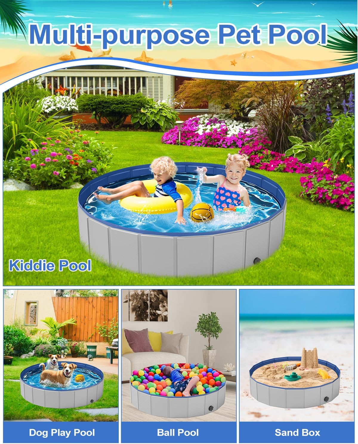 Dog Pool for Large Dogs,Foldable Plastic Pool for Dogs Slip-Resistant (XL - 87'' x 16'')