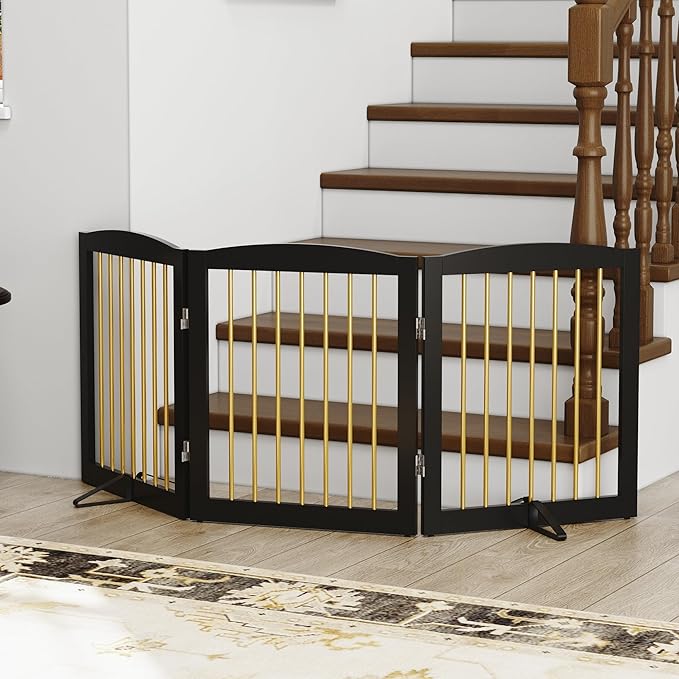 Freestanding Pet Gate for Dogs, Foldable Wooden Dog Gate for House, Indoor Dog Gate for Doorways, Stairs, Step Over Pet Puppy Safety Fence, Support Feet Included,24" Height 3 Panels,Black&Gold