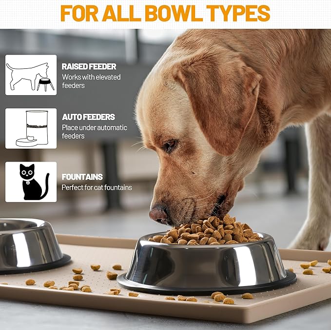 Hubulk Dog Feeding Mat,100% Waterproof Food Grade Silicone Pet Food and Water Bowl Placemat,Dishwasher, High Raised Edge to Prevent Spills,Nonslip Tray to Stop Messes on Floor（19"x12"x0.5", Taupe）