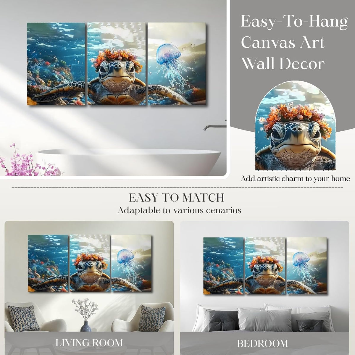 Wivsev Sea Turtle Canvas Wall Art,Under Sea Wall Art,Sea Life Pictures Wall Decor,Ocean Animal Painting for Bathroom,Living Room,Bedroom (24" x 36" x 3 pcs)