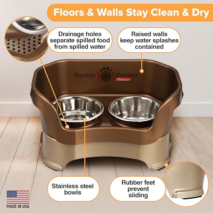 Neater Pet Brands Neater Feeder Deluxe Mess Proof Dog Bowls Elevated for Medium Dogs 19-40 lbs, Made in USA, No Spill Raised Dog Food Bowl Stand Feeding Station, Food and Water Bowl Set, Bronze