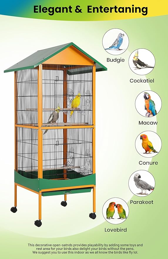 Garvee Bird cage, 66''H Extra Large Bird Cage, w/Removeble Tray, Waterproof Roof, Easy to Clean, Lockable Caster, Indoor& Outdoor Application for Conure,Macaw,Budgie,Cockatiel,Lovebirds,Parakeet
