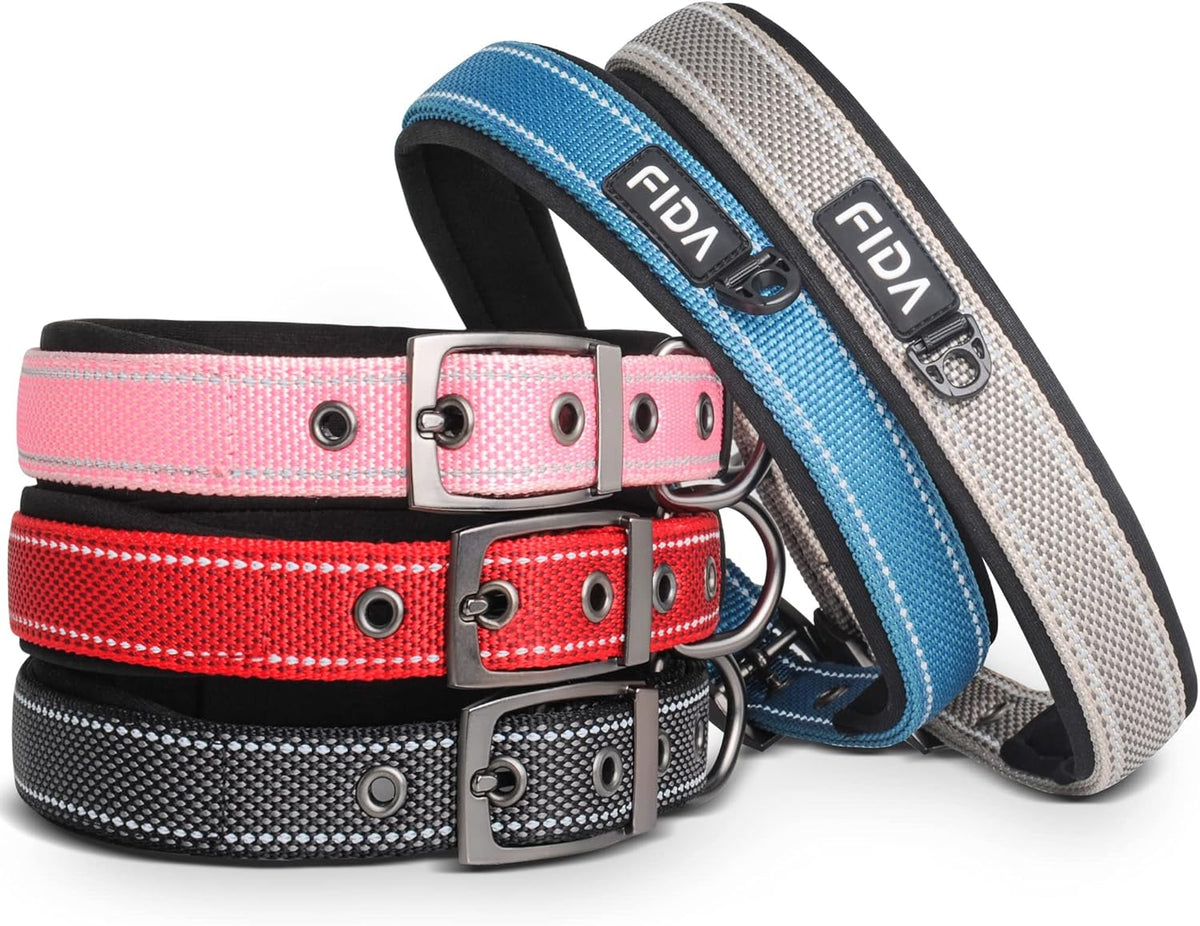 Fida Heavy Duty Dog Collar, Ultra Comfortable Soft Neoprene Padded, Adjustable Reflective Nylon Pet Collar with Durable Metal Belt Buckle for Small Breeds (S, Grey)