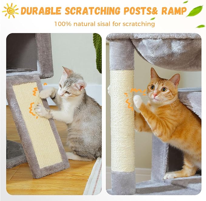 PAWZ Road Large Cat Tree, 41 Inches Multi-Level Cat Tower with 2 Spacious Condos for Indoor Cats, Large Cat House with Comfy Hammock, Padded Perch, Scratching Pad and Replaceable Balls-Gray