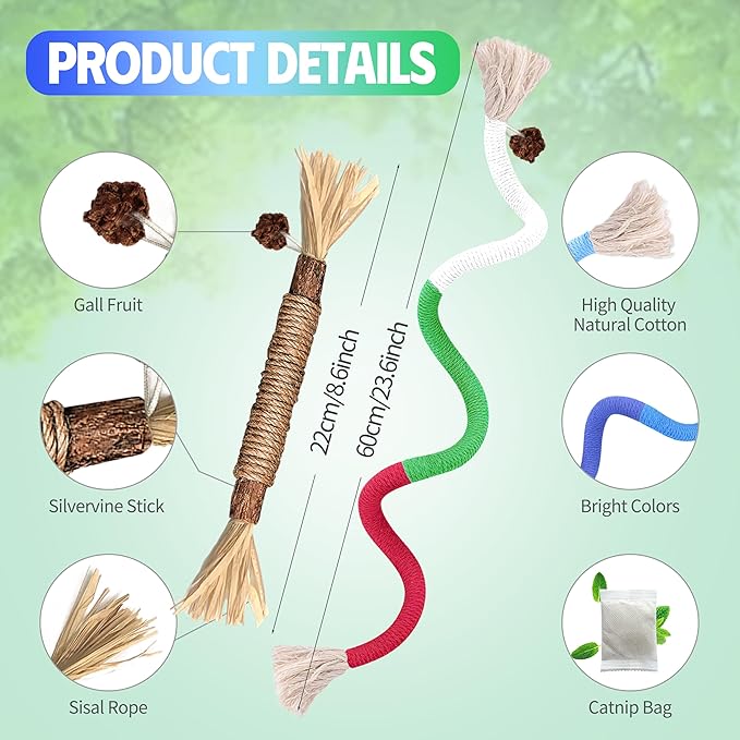 Cat Toys Chew Rope & Silvervine Sticks for Bored Indoor Adult Cats, 4Pcs Interactive Catnip Toys for Cats with Refillable Natural Catnip Bag for Teeth Cleaning