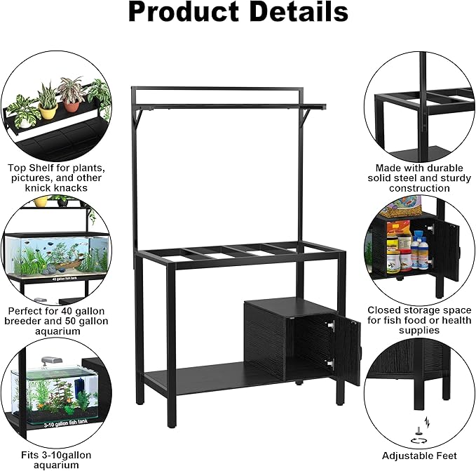 GDLF 40-50 Gallon Fish Tank Stand with Plant Shelf Metal Aquarium Stand with Cubby Storage 36.6" x 18.5" Tabletop fits Aquarium,Turtle Tank,or Reptile Terrariums